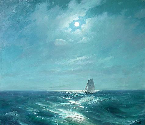 Moonlit Night seascape - oil painting