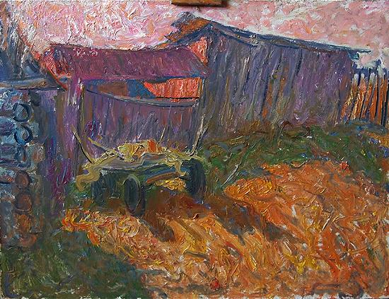 Orange Evening rural landscape - oil painting