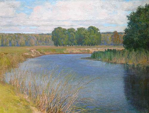 At the Utka River summer landscape - oil painting