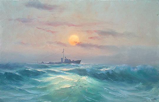 At the Roadstead seascape - oil painting