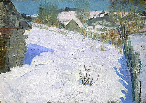 March Snow rural landscape - oil painting