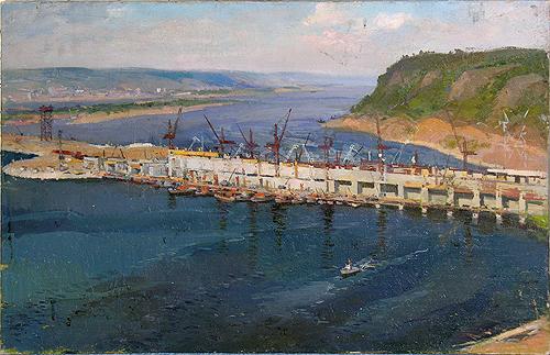 Kuibyshev Hydroelectric Power Plant industrial landscape - oil painting