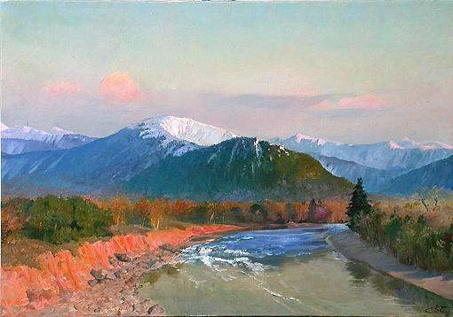 River mountain landscape - oil painting