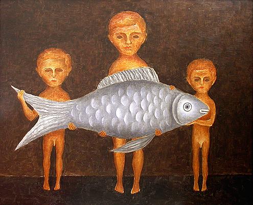 Children with a Fish surrealist art - oil painting