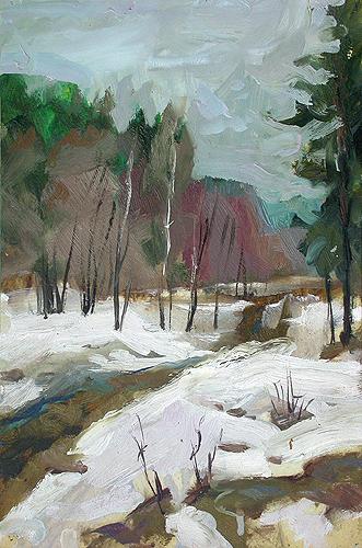 Last Snow spring landscape - oil painting