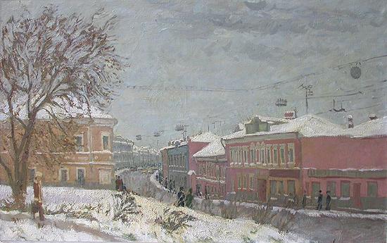 Old Moscow. Tulinskaya Street in Winter cityscape - oil painting