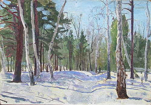 Sketch. Birch Grove winter landscape - oil painting