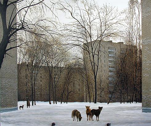 Winter cityscape - oil painting