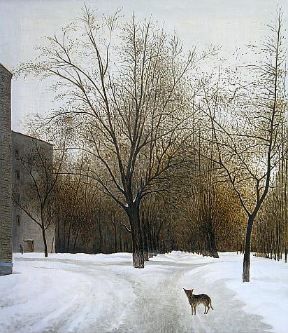 Landscape with a Dog cityscape - oil painting