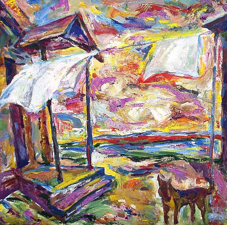 Linen in the Wind genre scene - oil painting