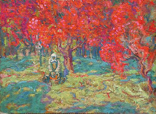 Red Rowan autumn landscape - oil painting