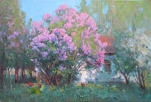 Lilac Blossoms rural landscape - oil painting