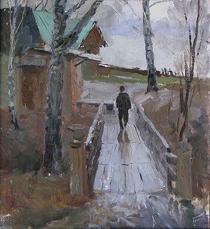 Rain rural landscape - oil painting