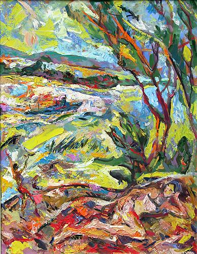 On the Bank of the Volga River genre scene - oil painting