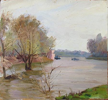 At the Volga River cityscape - oil painting