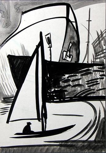 In the Port seascape - ink drawing