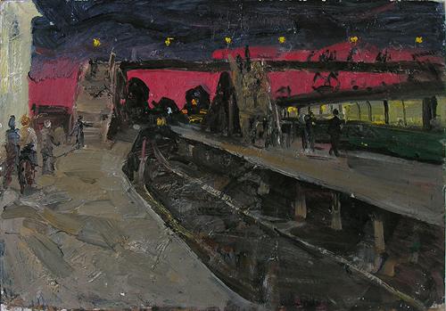 Night Train night landscape - oil painting