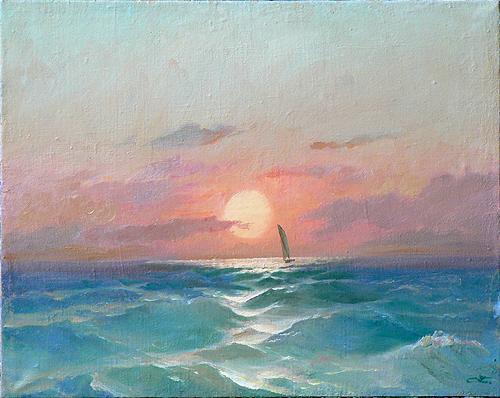 Lonely Sailing Ship seascape - oil painting