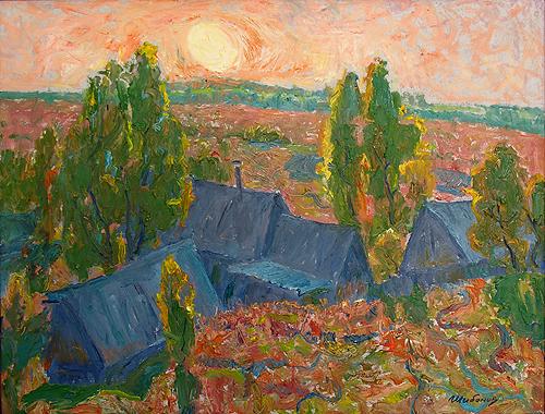 Orange Sunset rural landscape - oil painting