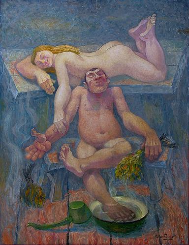 Russian Bath genre scene - oil painting