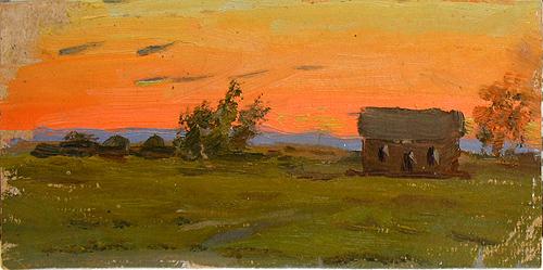 Sunset rural landscape - oil painting