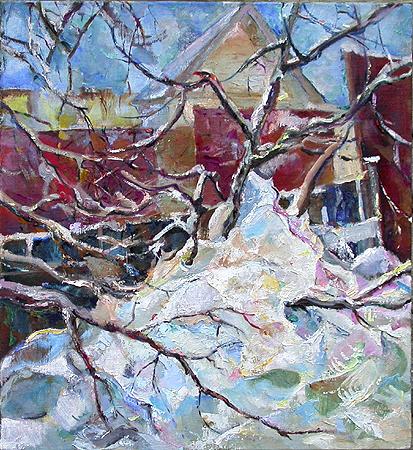 Apple Tree in Snow rural landscape - oil painting