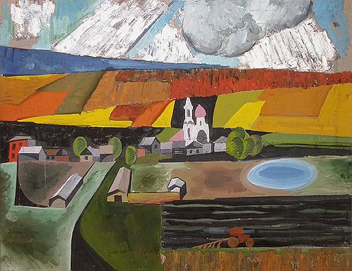 Landscape with Church abstract art - tempera painting