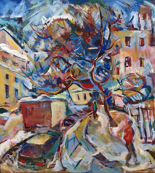 Tree in the City cityscape - tempera painting
