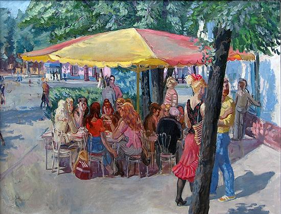 City Cafe genre scene - oil painting