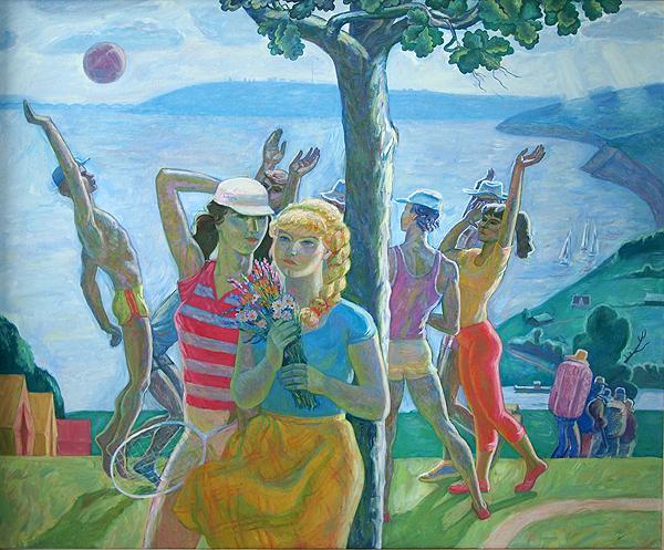 Yachts at the Volga River genre scene - oil painting