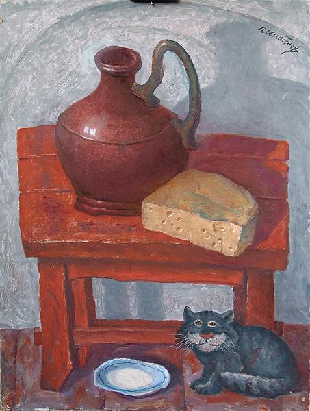 Cheese and Wine, Cat and Milk genre scene - oil painting