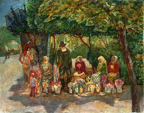Flower Market genre scene - oil painting