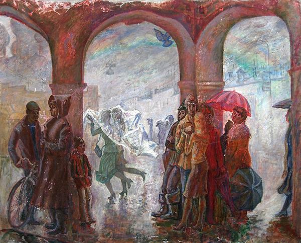 Rostov the Great. Rain genre scene - oil painting