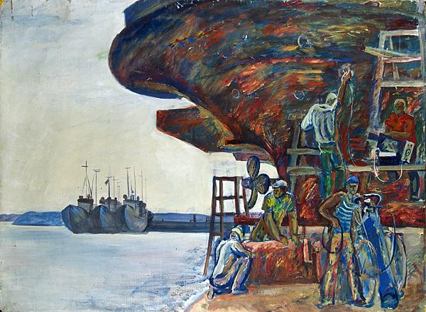 Repairing Ships genre scene - oil painting