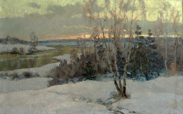 Spring Evening winter landscape - oil painting