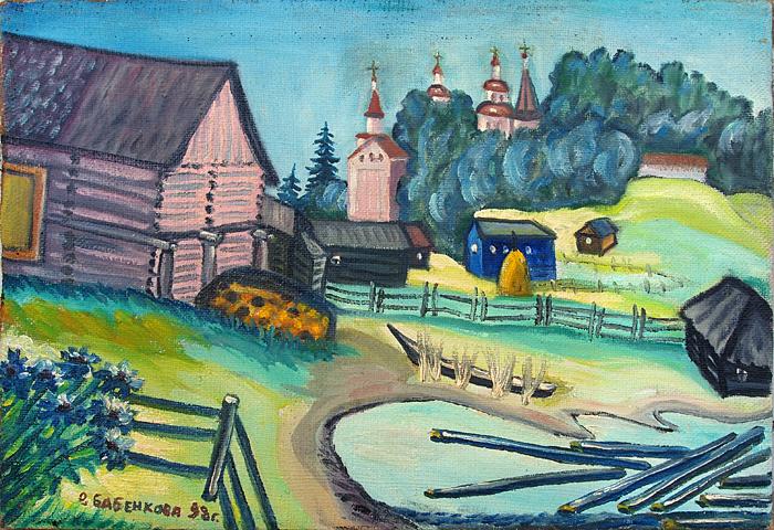 North. Village rural landscape - oil painting