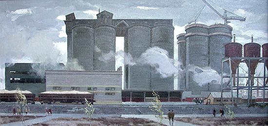 At the Cement Factory industrial landscape - oil painting