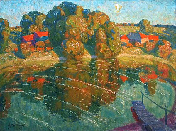 Pond in Molvino rural landscape - oil painting