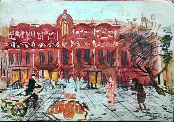 Cossack Theater cityscape - oil painting