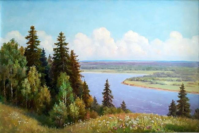 On the Vyatka River summer landscape - oil painting
