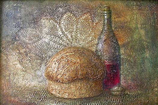 Bread, Salt, Wine still life - oil painting