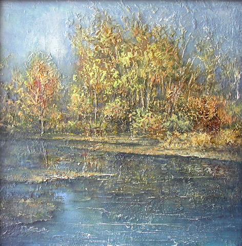 Autumn. Pond autumn landscape - oil painting