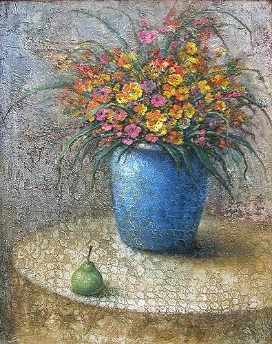 Flowers in a Blue Vase still life - oil painting