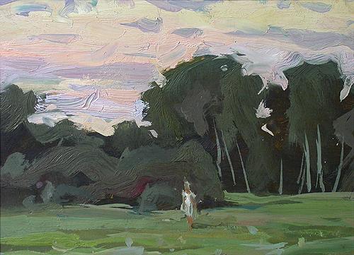 Girl against the Background of Trees in Mullovka Village summer landscape - oil painting