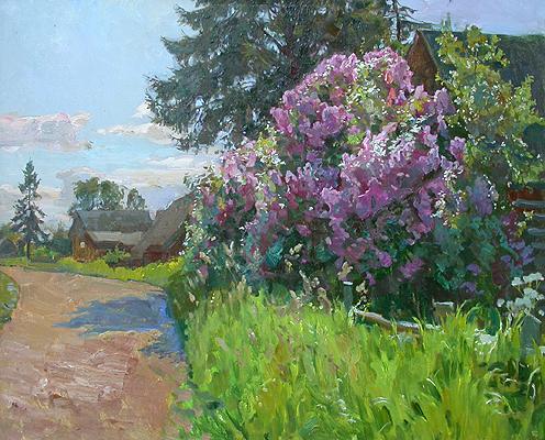 Lilac Bushes rural landscape - oil painting