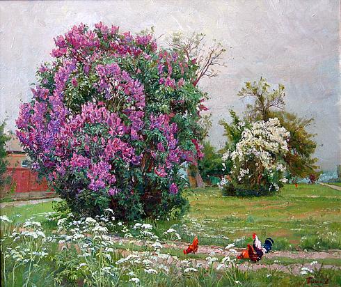 Lilac rural landscape - oil painting