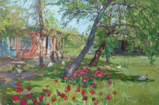 Yard rural landscape - oil painting