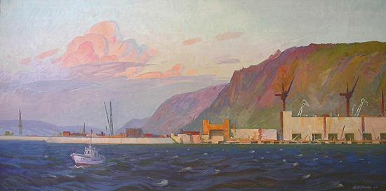 Construction of a Hydroelectric Power Station industrial landscape - oil painting
