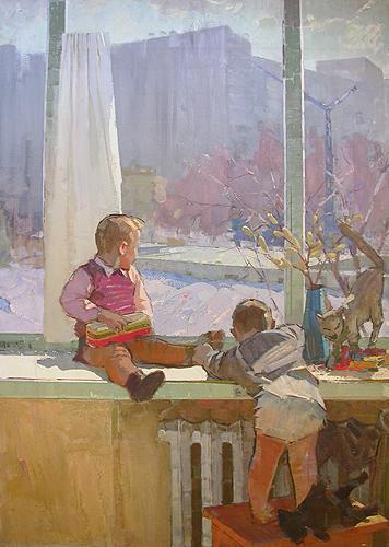 Spring. Children at the Window genre scene - oil painting