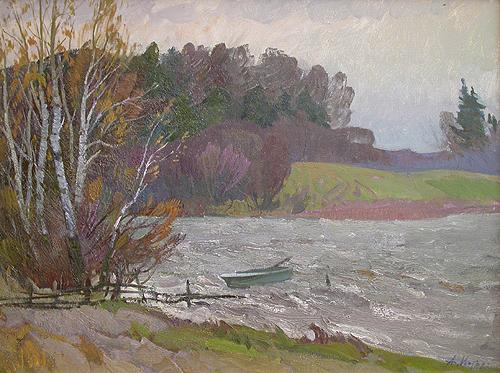 North Wind. Dusk autumn landscape - oil painting